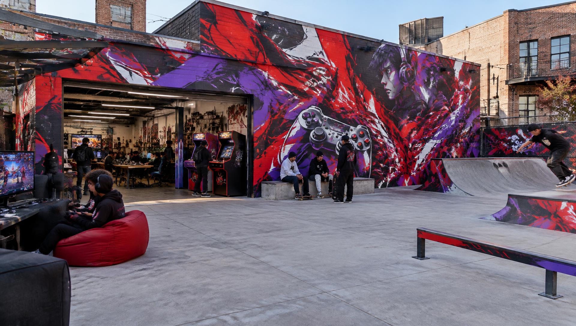 Gaming en skatecultuur bij een rode en paarse street-art mural