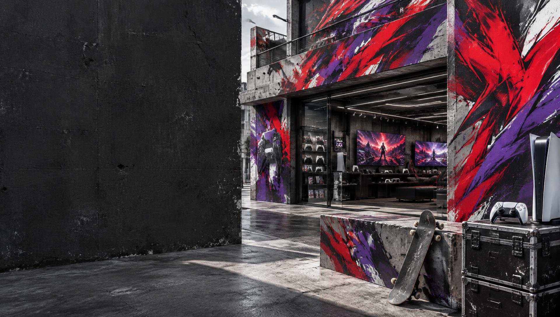 Gaminghardware tussen rode en paarse graffiti in een stadsblok